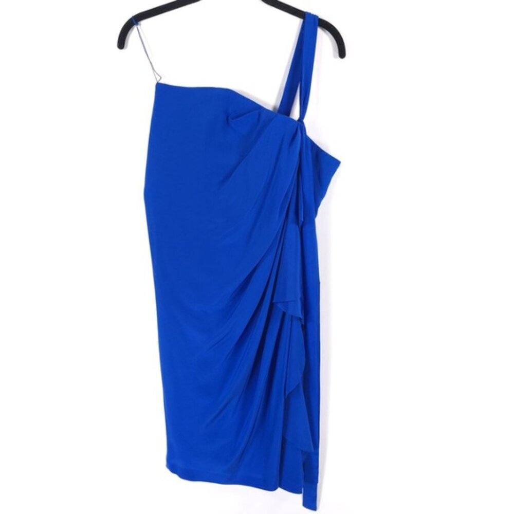 NWT ROBERT RODRIGUEZ 100% SILK One Shoulder Draped Ruffle Blue R804D42 Size 6